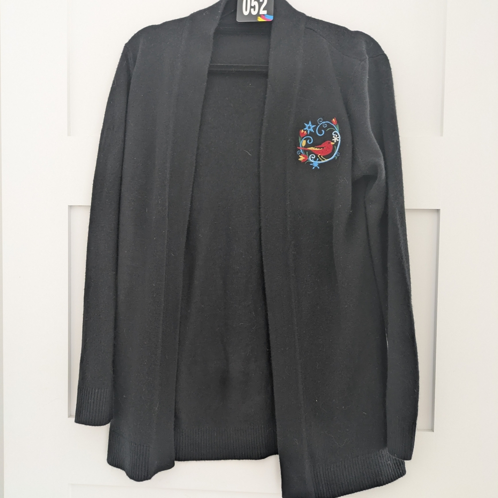 052_Black Open Front Cardigan with Embroidered Detail